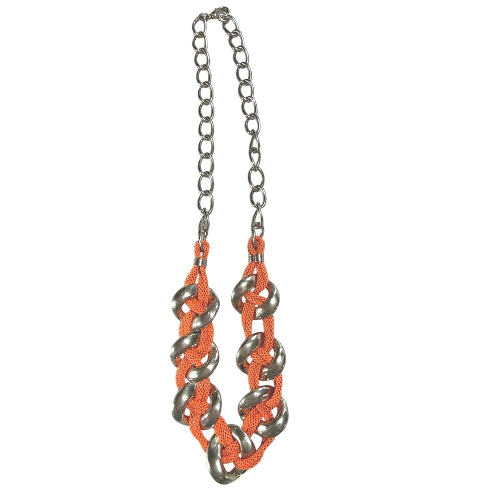 Necklace Vintage Orange silver tone ribbon weave 10"